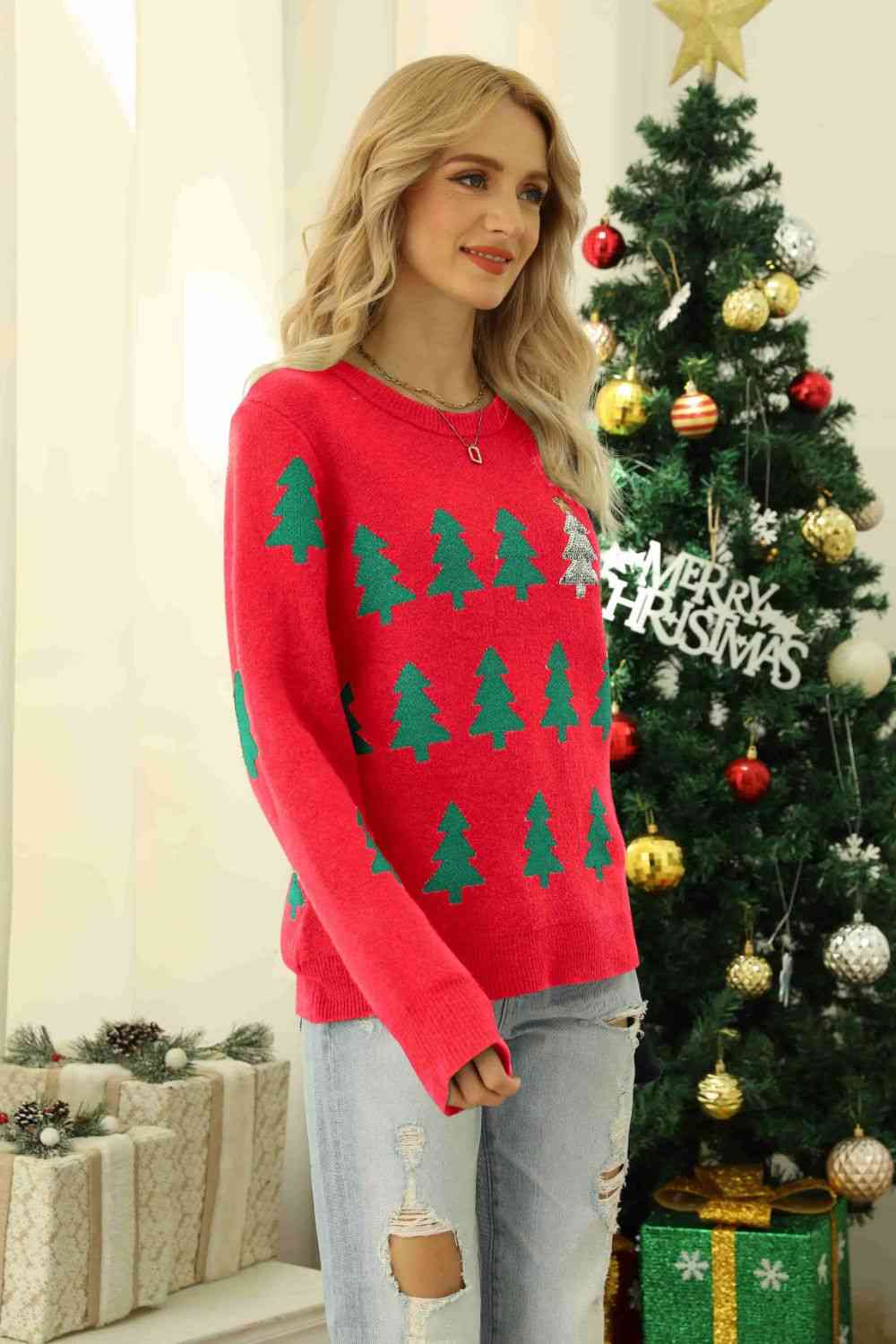 Christmas Tree Round Neck Ribbed Trim Sweater