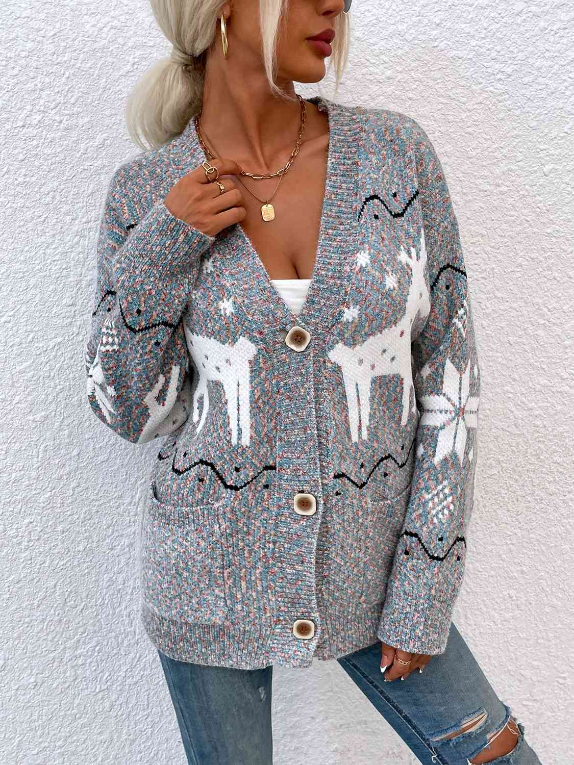 Reindeer Button Down Cardigan with Pockets